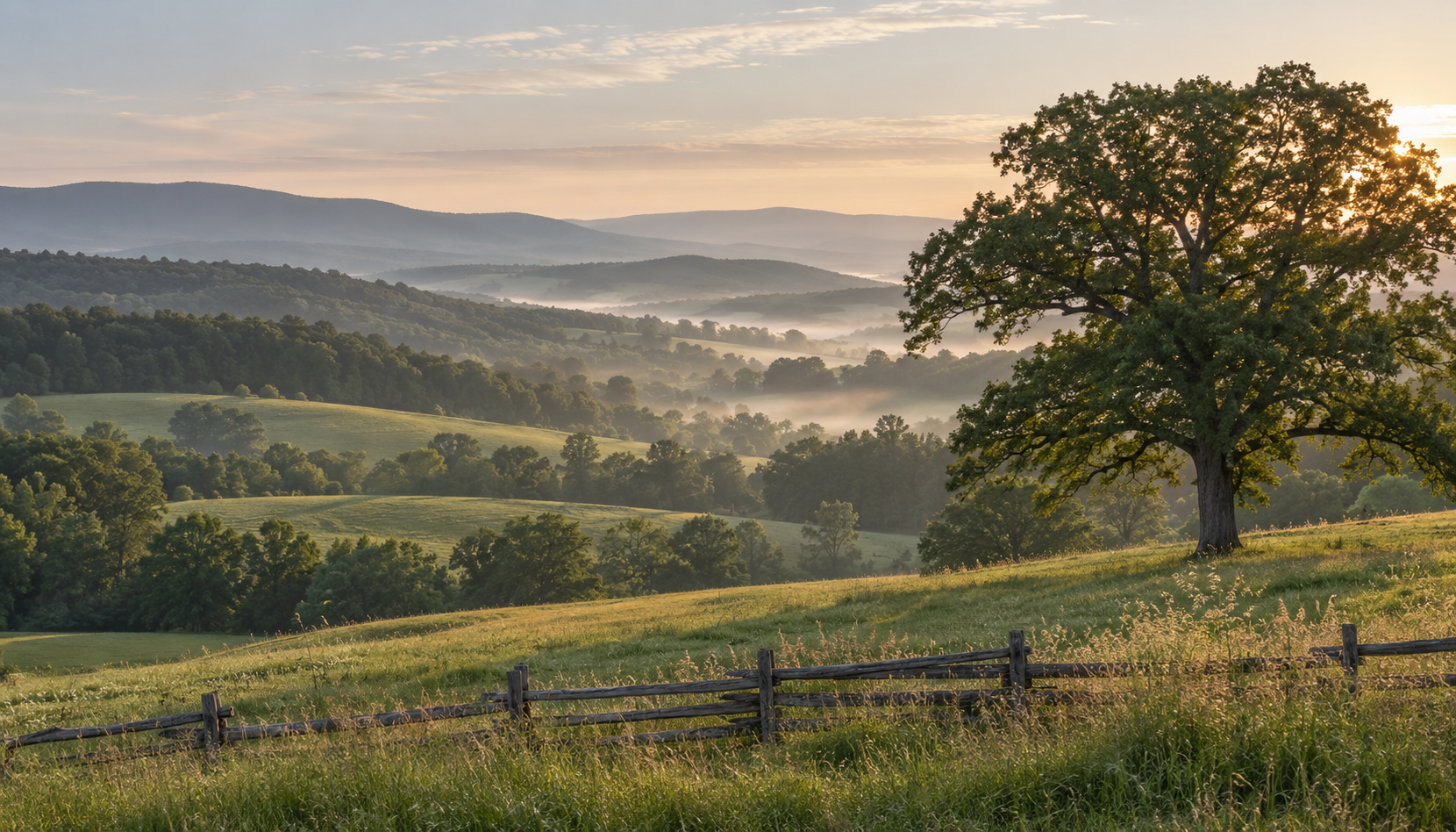 Illustrative rolling Virginia-style countryside, lit by the morning sun